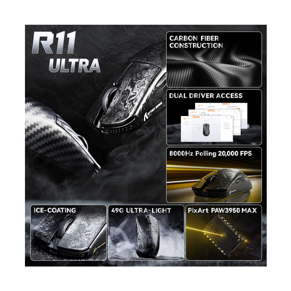 Souris Gaming Attack Shark R11 Ultra - 49g Fibre Carbone, 42000 DPI, 8000Hz - Sans Fil/câble
